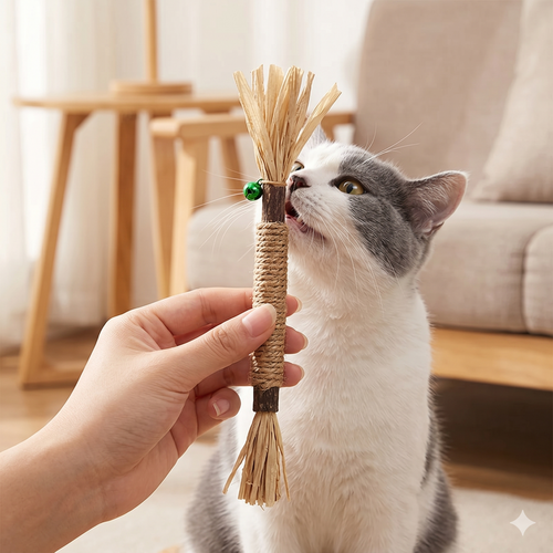 Hand holding a natural silvervine dental chew stick up to a grey and white cat in a living room