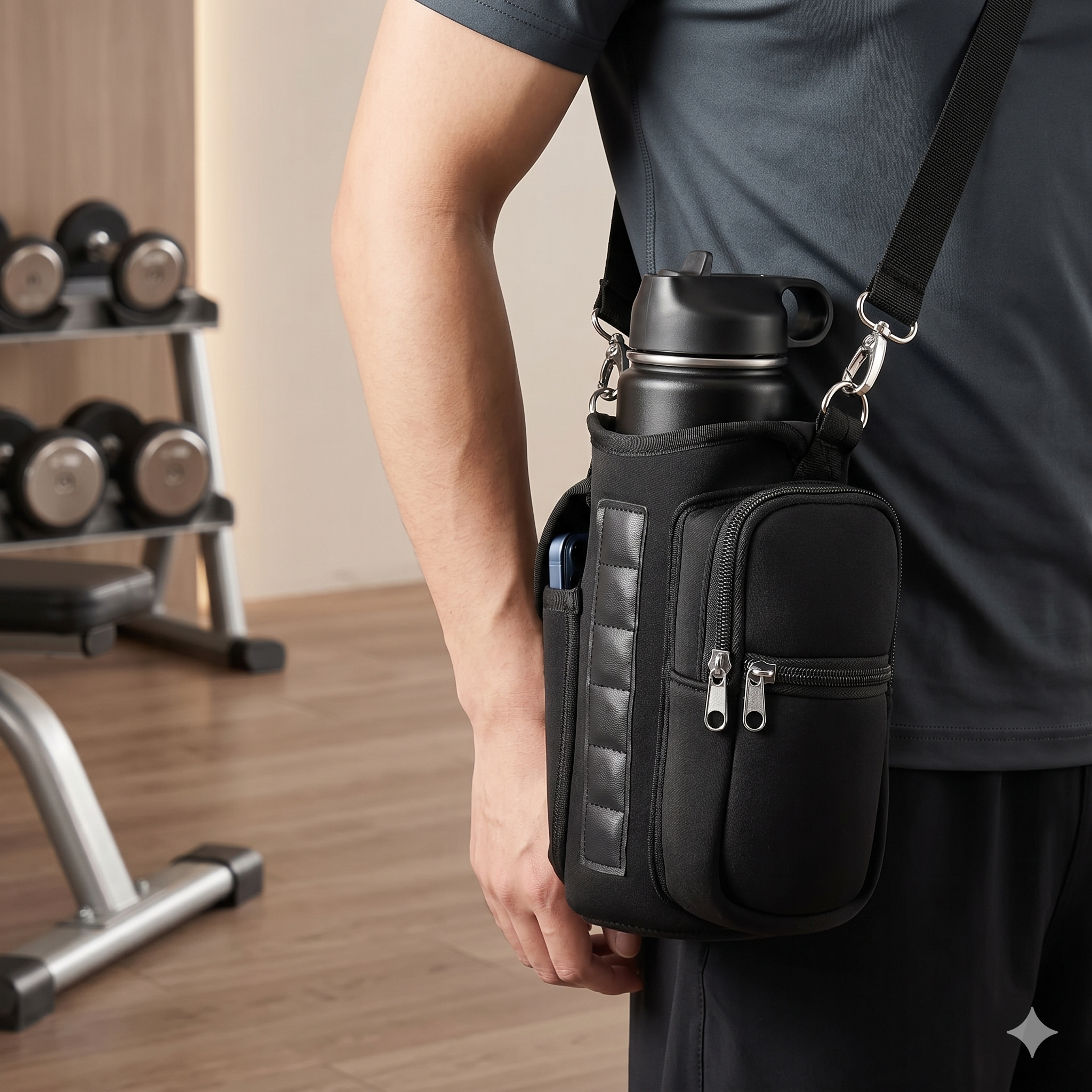 Insulated water bottle in a neoprene gym holder with crossbody strap and zip pocket, in a gym