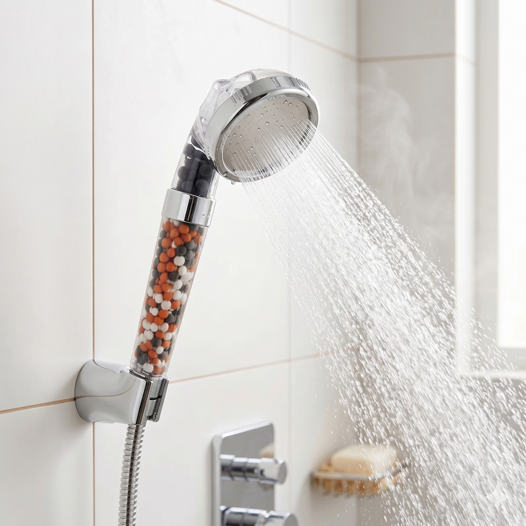 High-pressure filtered shower head with a clear mineral-filter handle, spraying water in a white-tiled bathroom