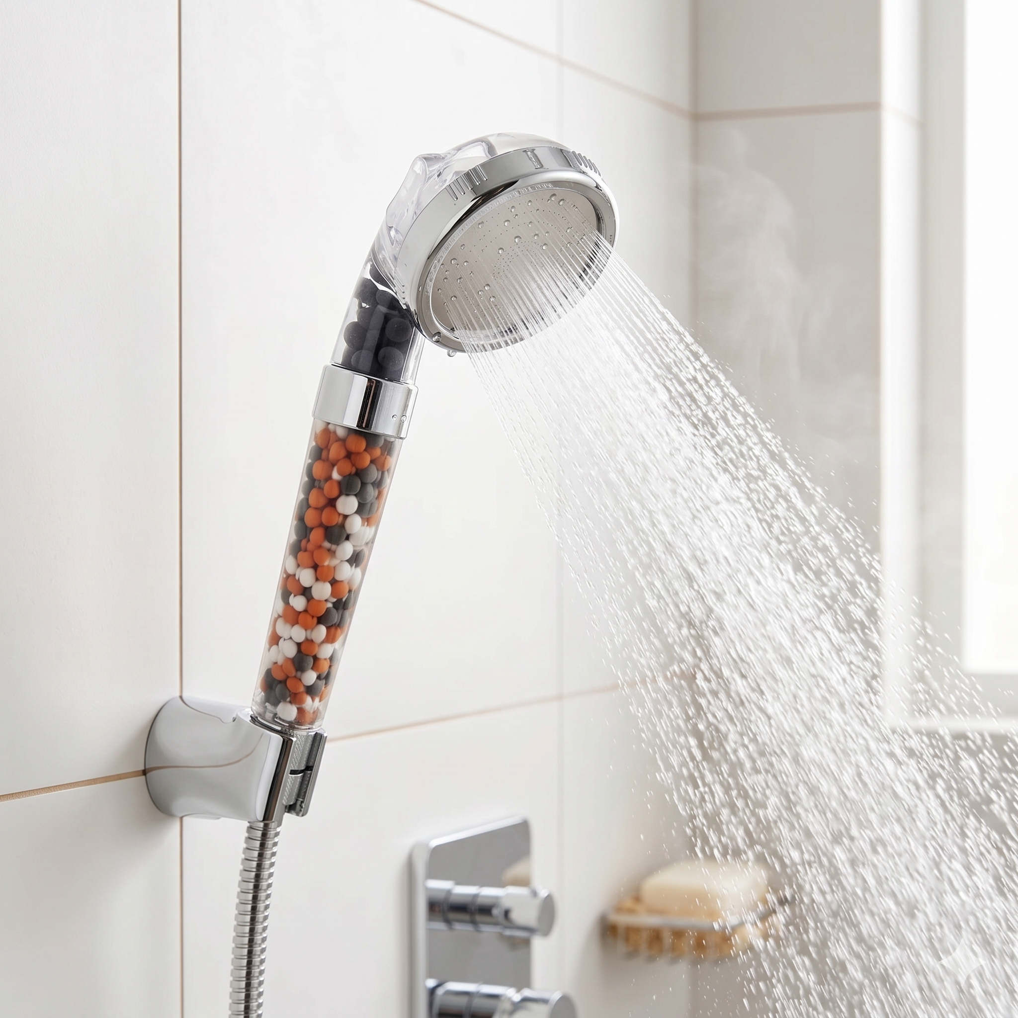 High-pressure filtered shower head with a clear mineral-filter handle, spraying water in a white-tiled bathroom