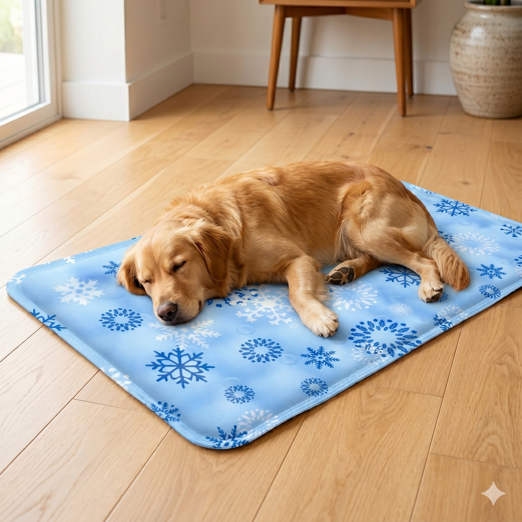 Golden retriever lying on a blue snowflake-print self-cooling pet gel mat on a wood floor