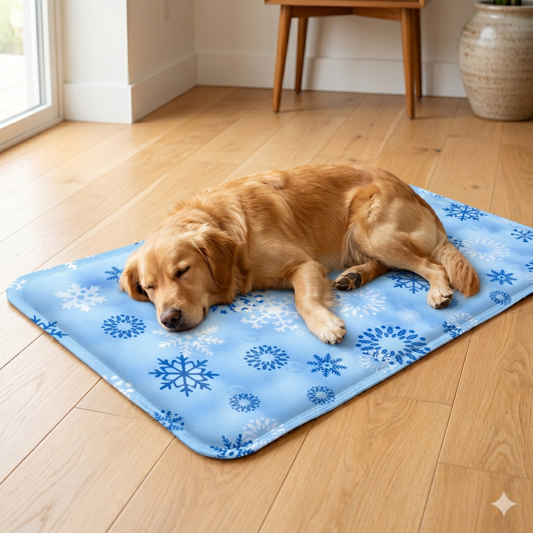 Golden retriever lying on a blue snowflake-print self-cooling pet gel mat on a wood floor