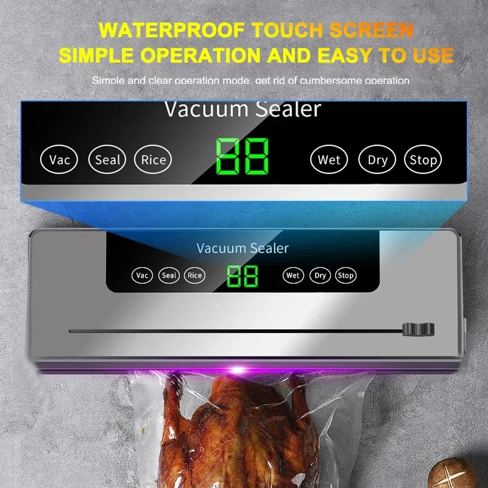 White countertop electric food vacuum sealer with touch buttons and a digital display