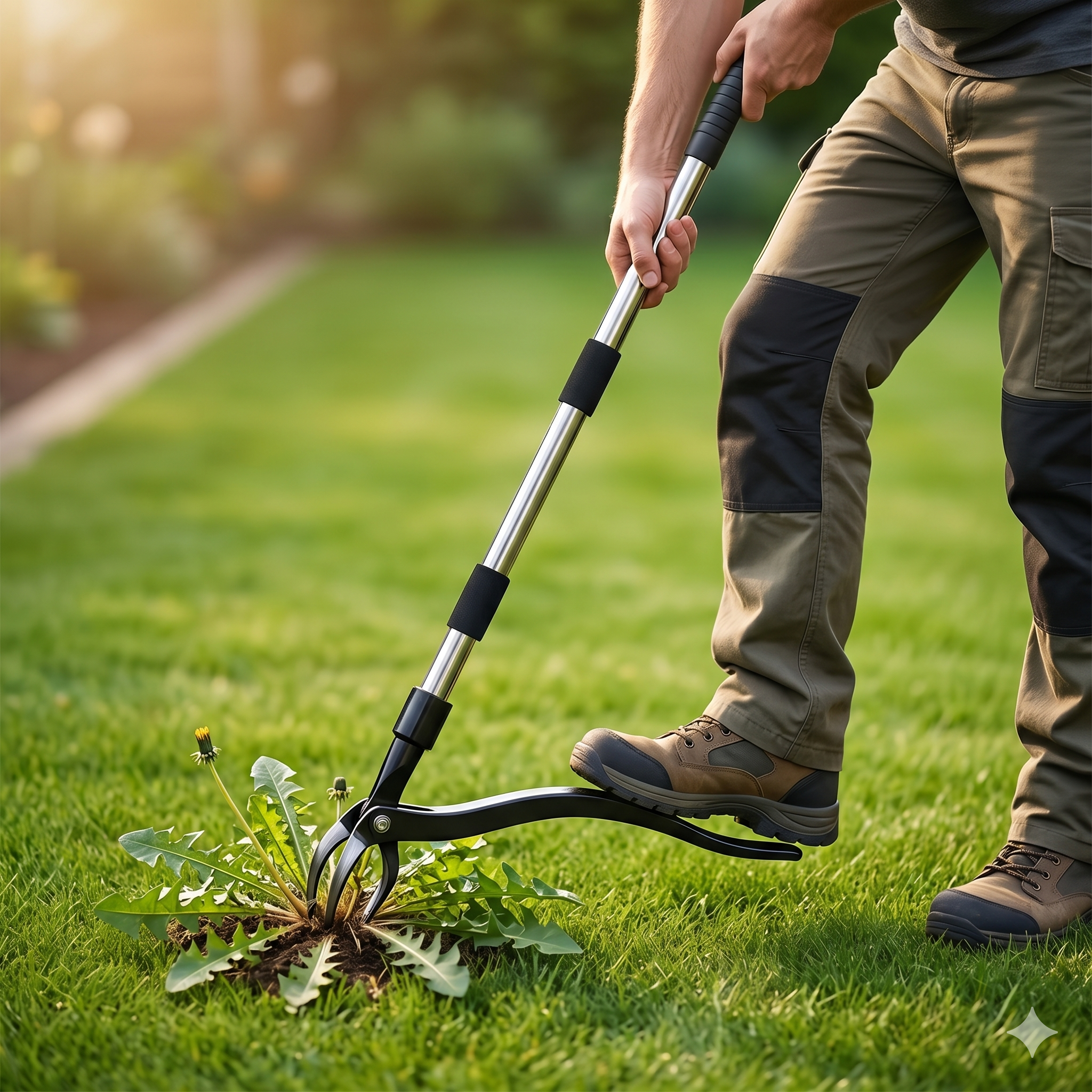 Person using a telescopic stand-up weed puller to pull a dandelion from a green lawn
