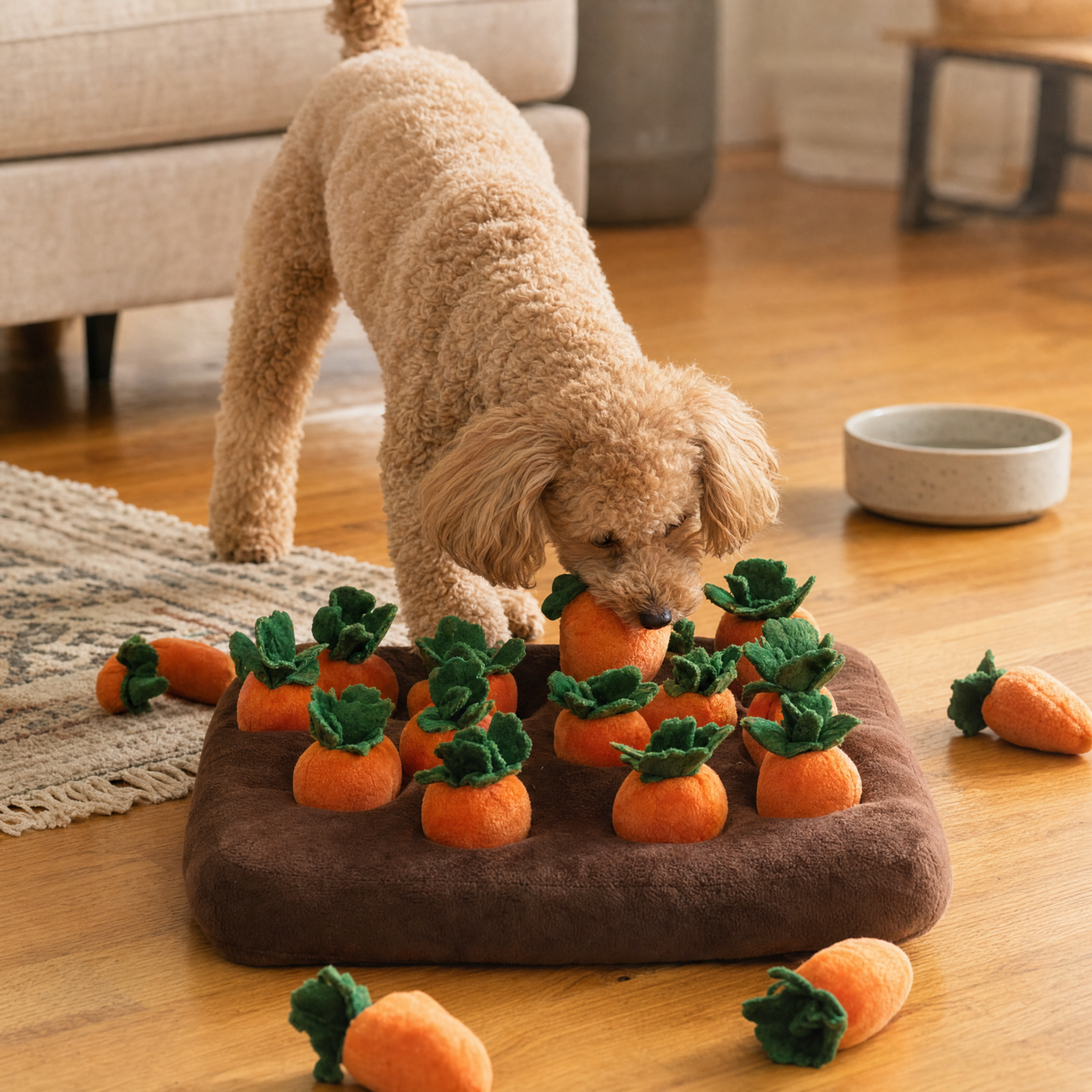 Dog sniffing a brown snuffle mat dotted with plush orange carrots on a wood floor