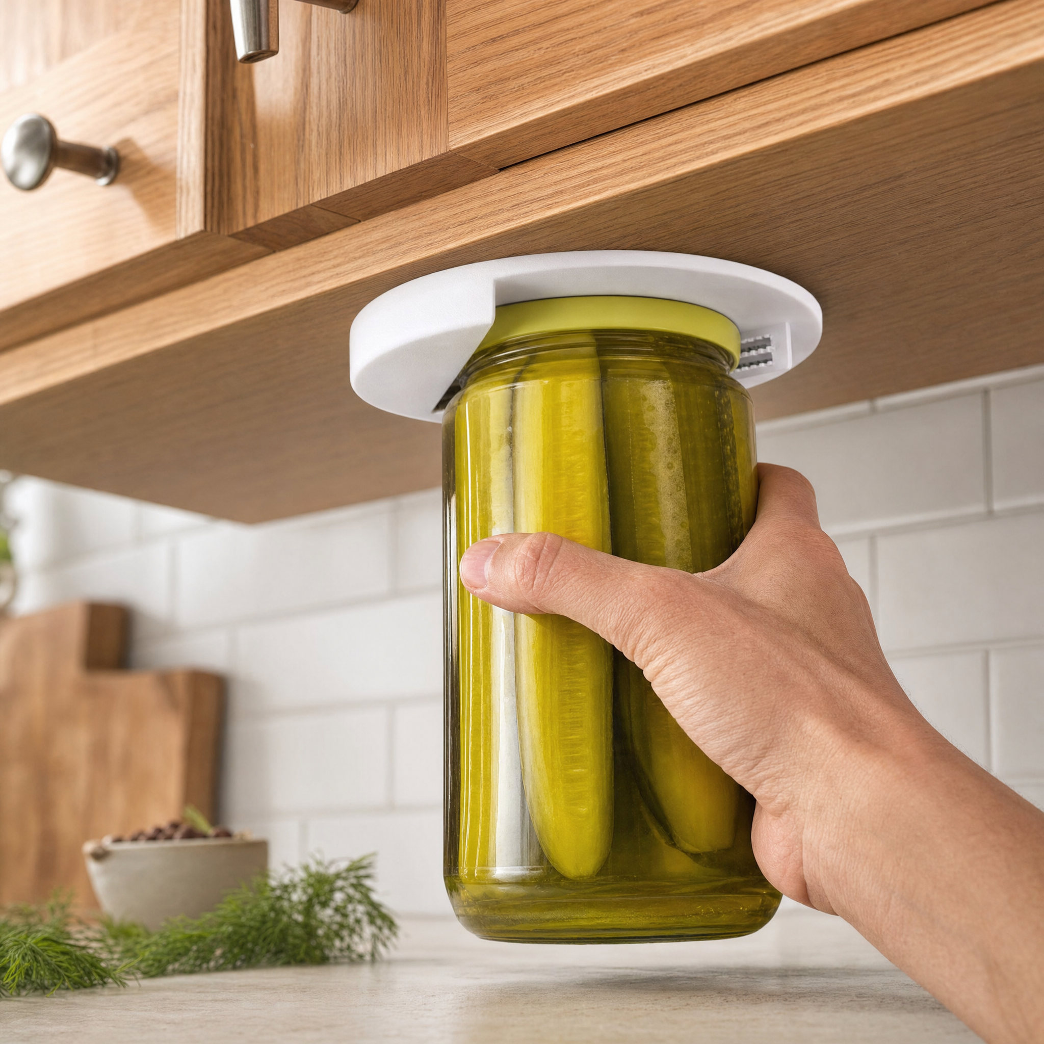 White under-cabinet jar opener gripping a pickle jar lid as a hand twists it