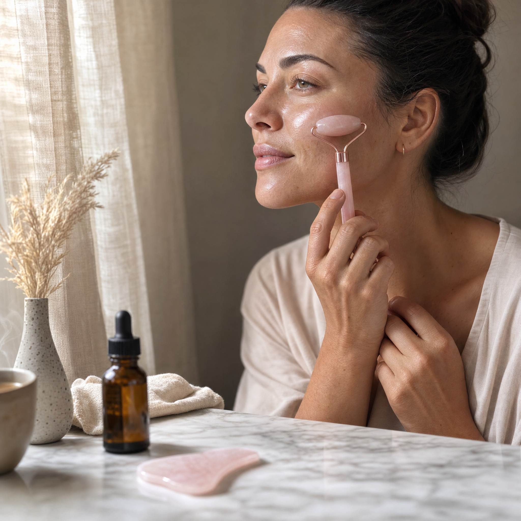 Woman rolling a pink quartz facial roller on her cheek, with a matching gua sha stone