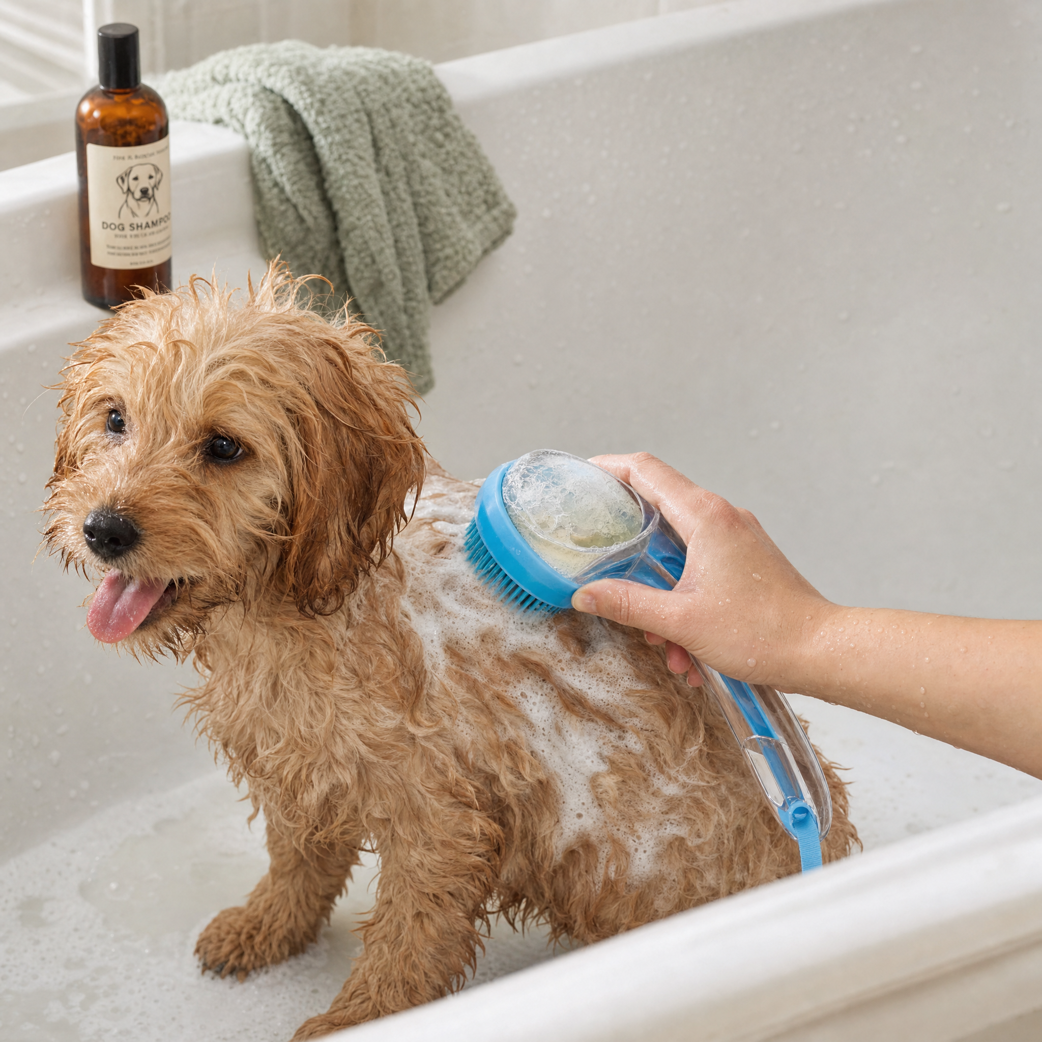 Wet curly puppy in a tub lathered with a blue silicone bath brush that dispenses shampoo