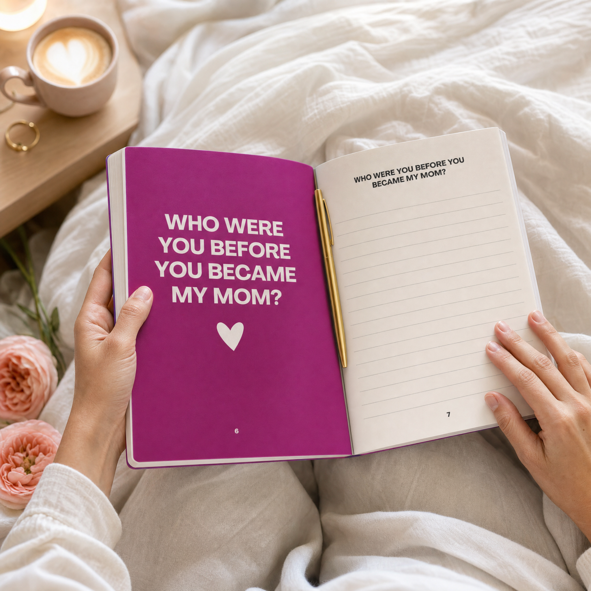 Open purple guided journal for moms over white bedding with coffee and flowers