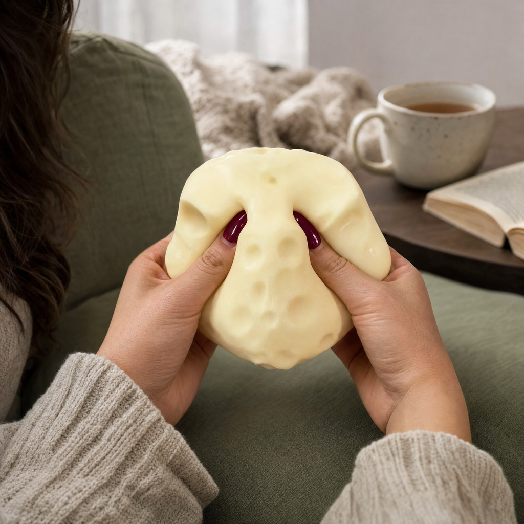 Hands squeezing a squishy pale yellow Swiss cheese stress ball on a couch
