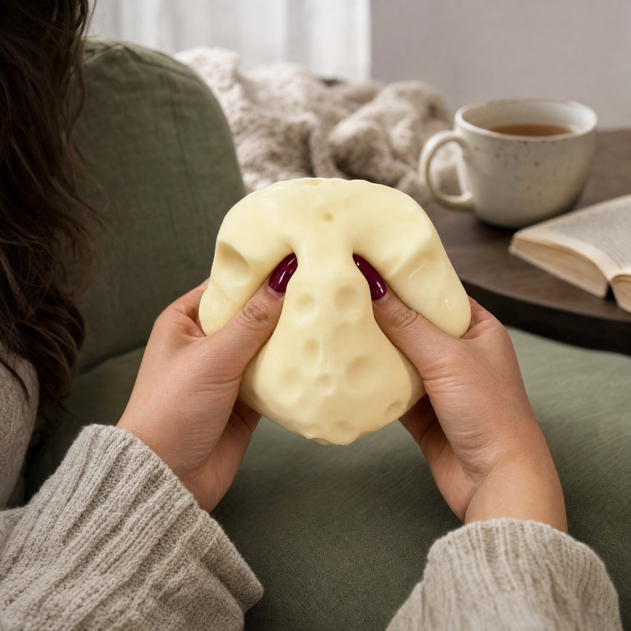 Hands squeezing a squishy pale yellow Swiss cheese stress ball on a couch