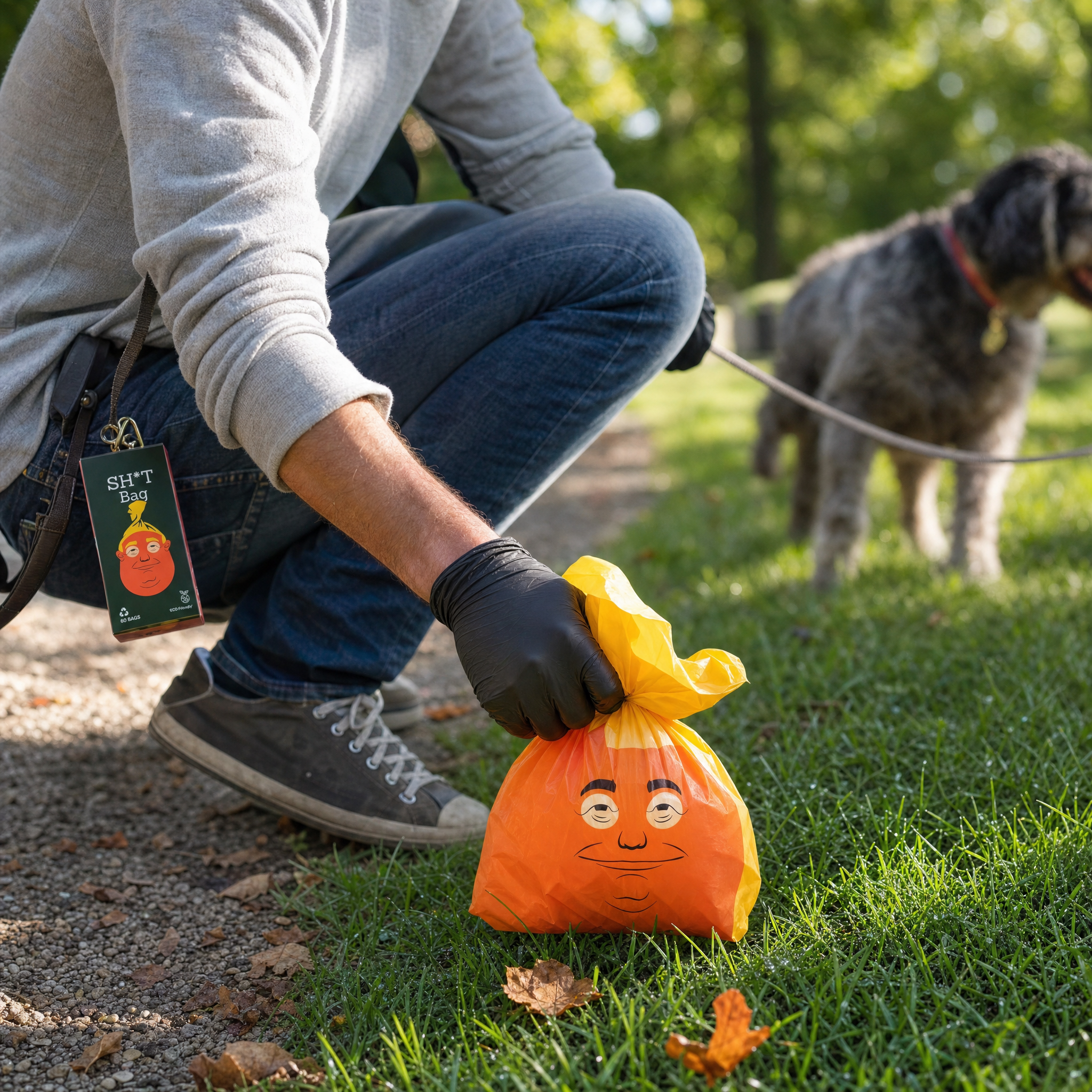 Orange dog poop bag printed with a smiling face, tied during a park walk