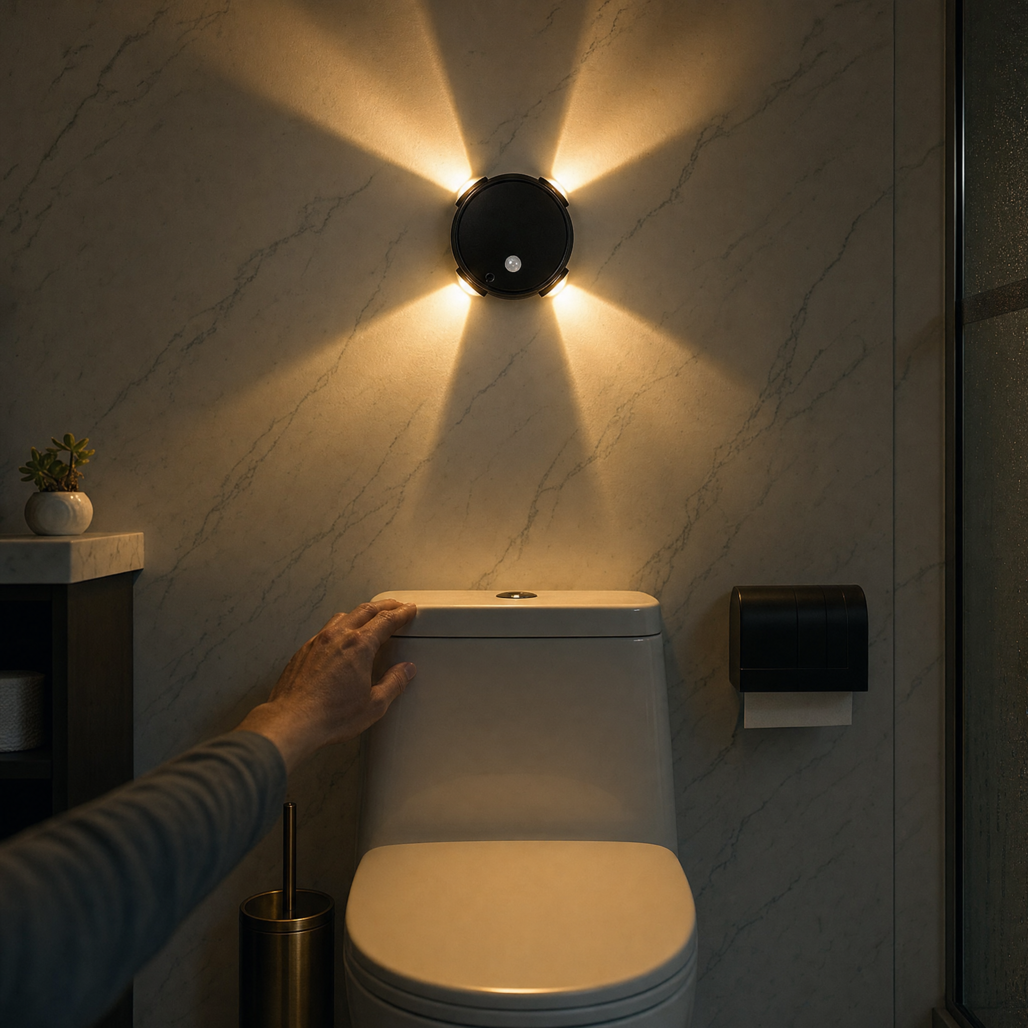 Round black wall night light casting warm beams in a marble bathroom