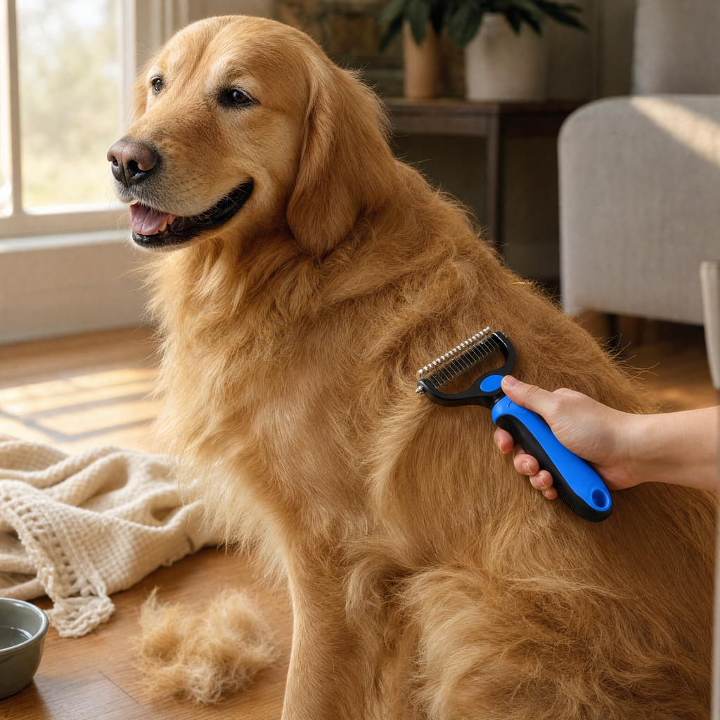 Blue-handled dematting rake grooming a golden retriever's coat