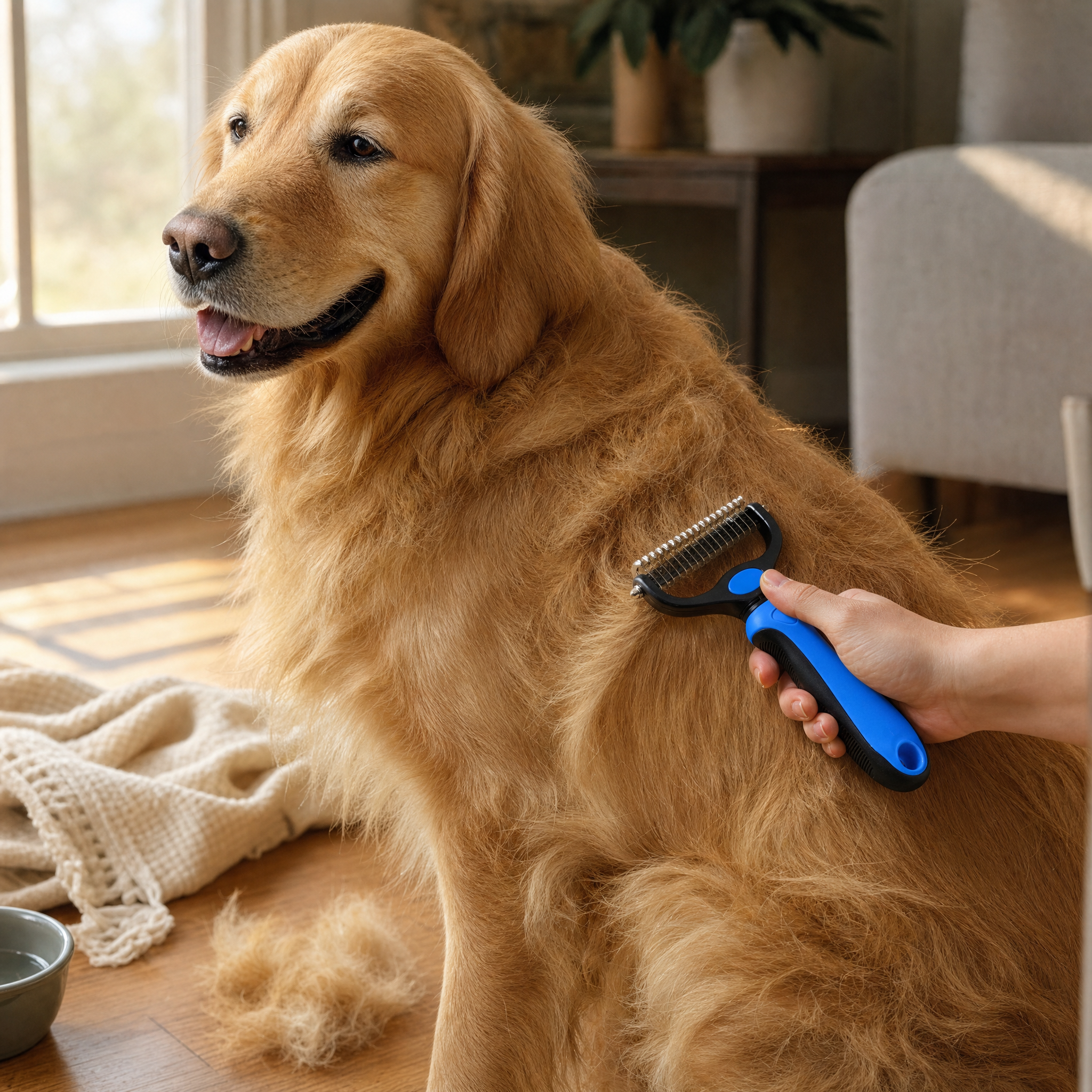 Blue-handled dematting rake grooming a golden retriever's coat