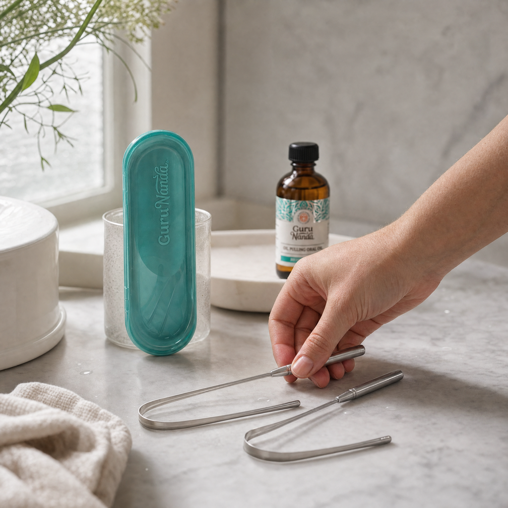 Two stainless steel tongue scrapers and a teal travel case on a marble counter