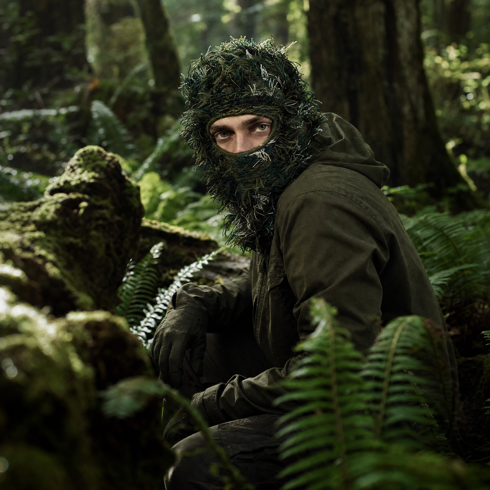 Man wearing a leafy green camouflage ghillie balaclava crouched in a forest