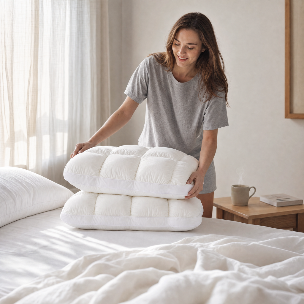 Woman placing two fluffy white puff pillows on a made bed