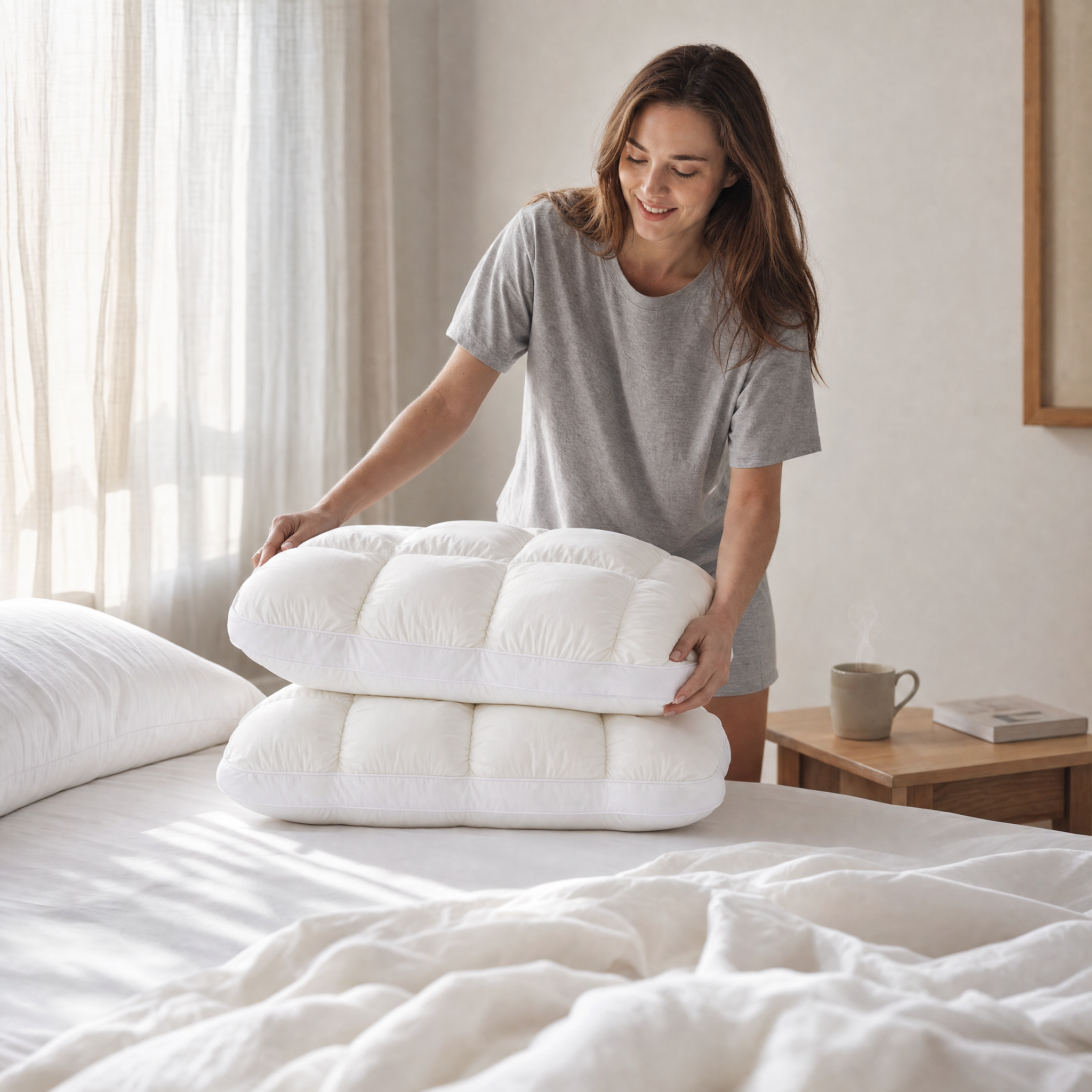 Woman placing two fluffy white puff pillows on a made bed