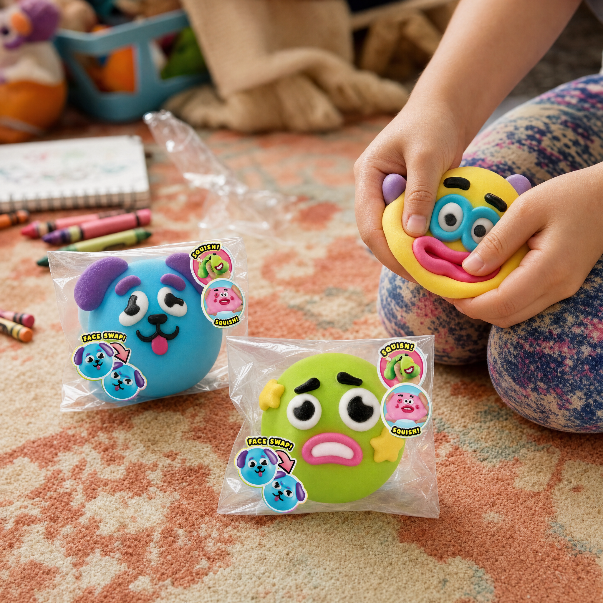 Hand squeezing colorful squishy dog-face toys in clear packaging