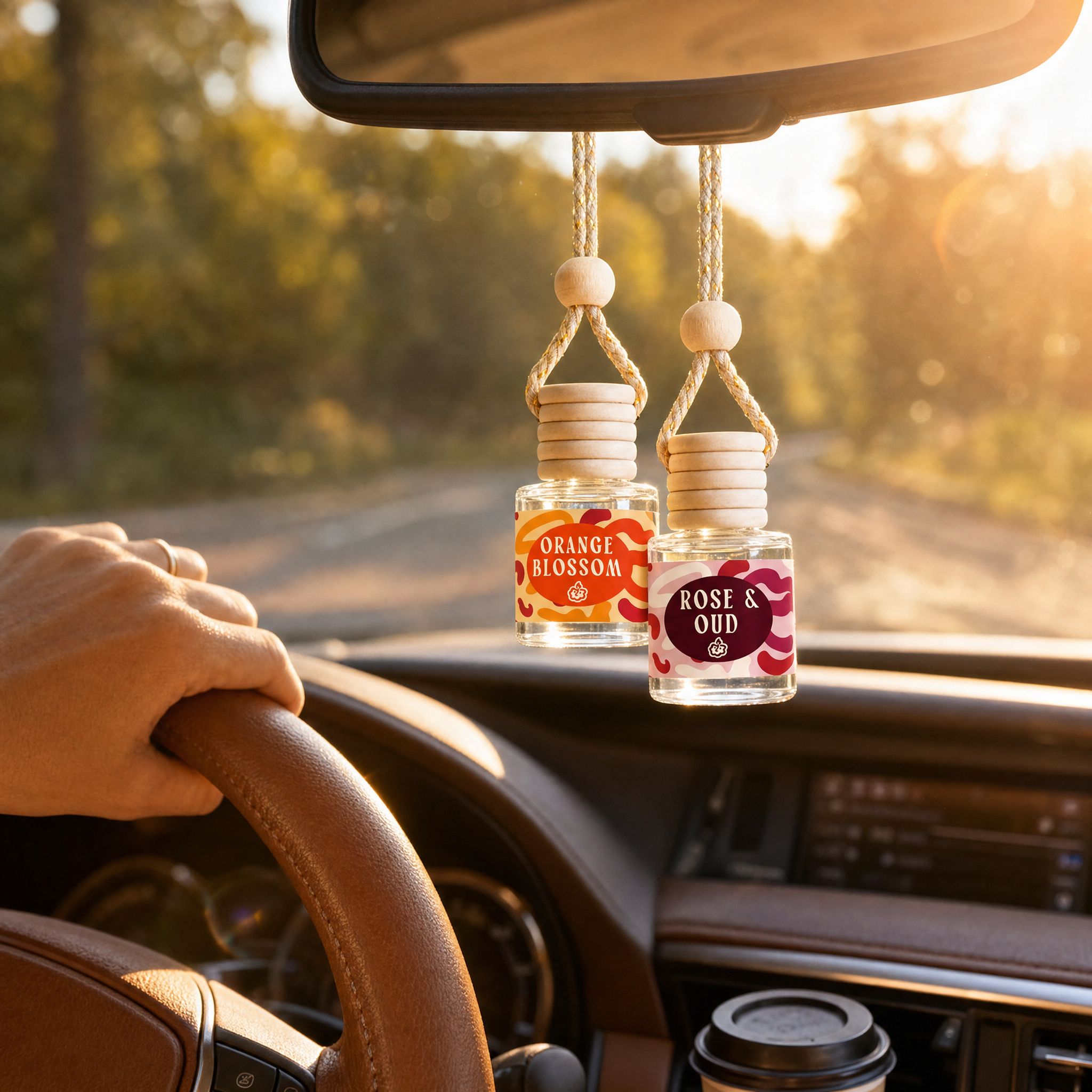 Two hanging car diffuser bottles, Orange Blossom and Rose & Oud, on a rearview mirror