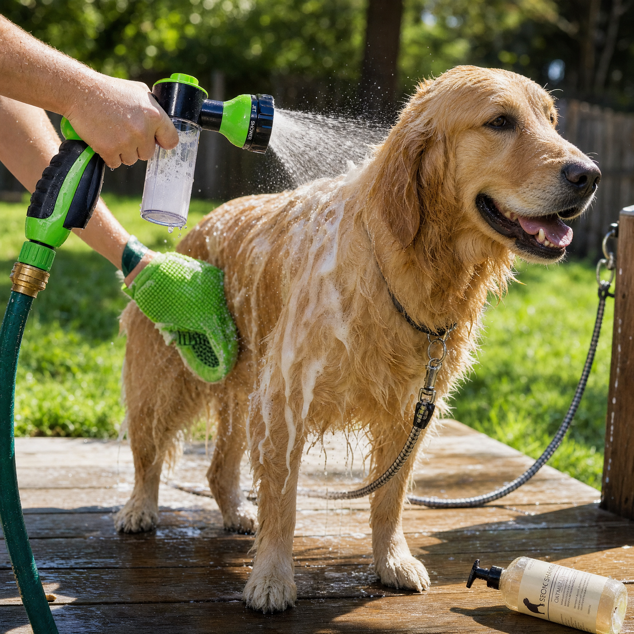 Green soap-dispensing hose nozzle spraying a golden retriever during an outdoor wash