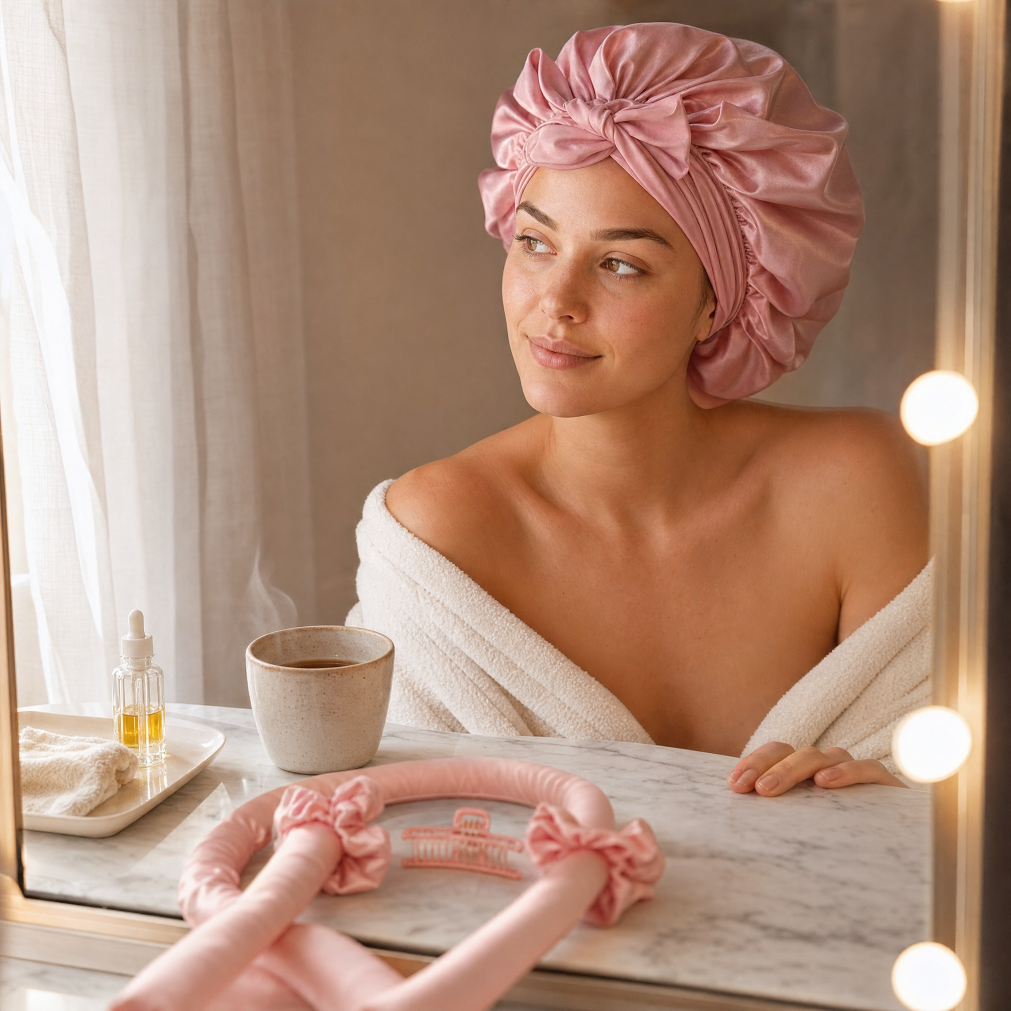 Pink heatless curling rod with satin scrunchies on a vanity at a lit mirror