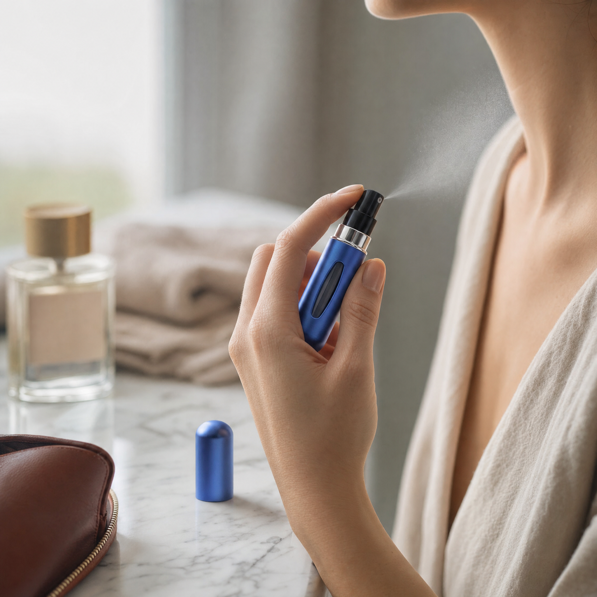 Hand spritzing a slim blue refillable perfume atomizer at a marble vanity
