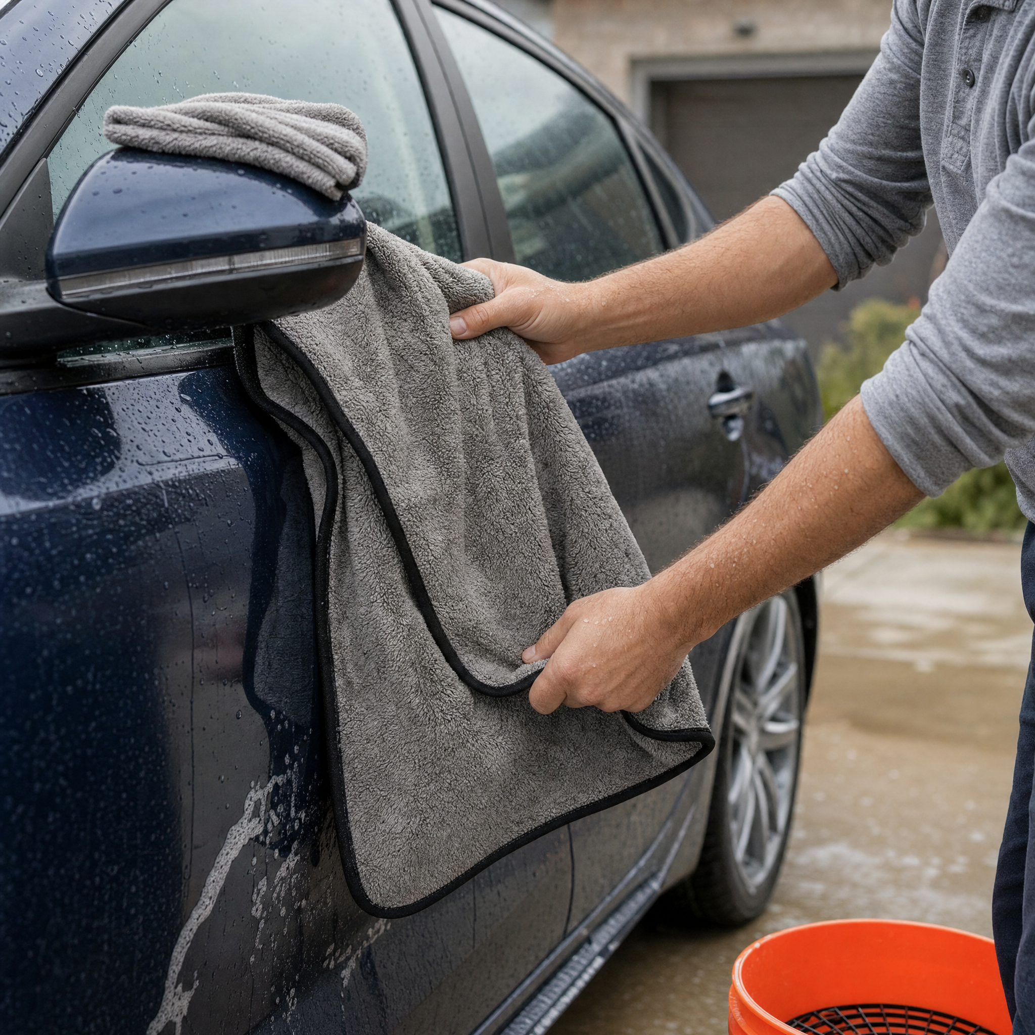 Man drying a wet dark car with a thick gray microfiber towel beside an orange bucket