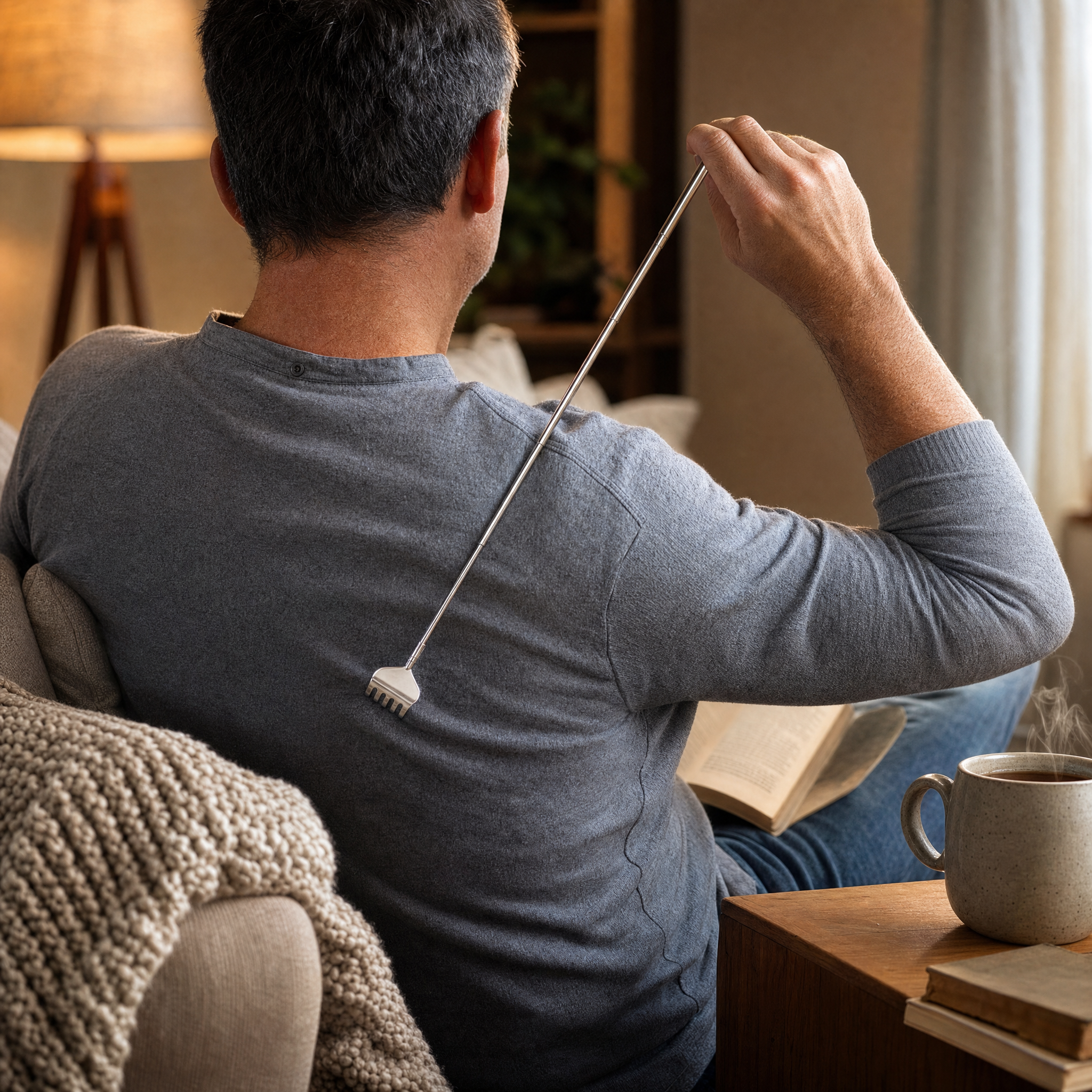 Man using a long metal telescopic back scratcher while relaxing on a couch