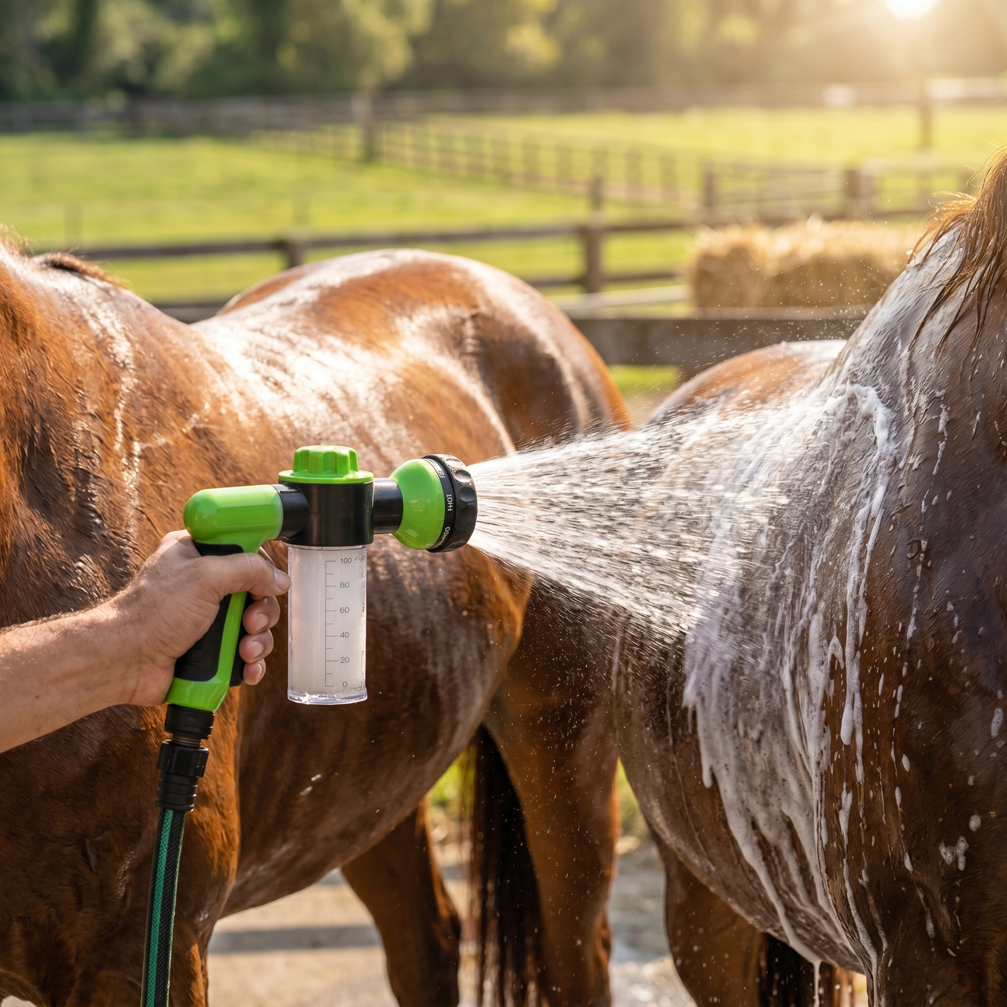 Hand spraying soapy water onto a horse with a green soap-dispensing sprayer outdoors