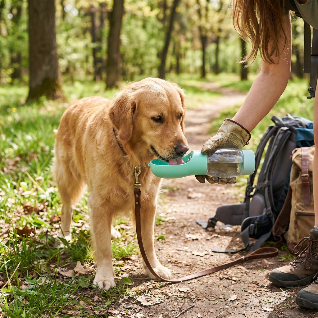 Golden retriever drinking from a teal portable dog water bottle on a forest trail