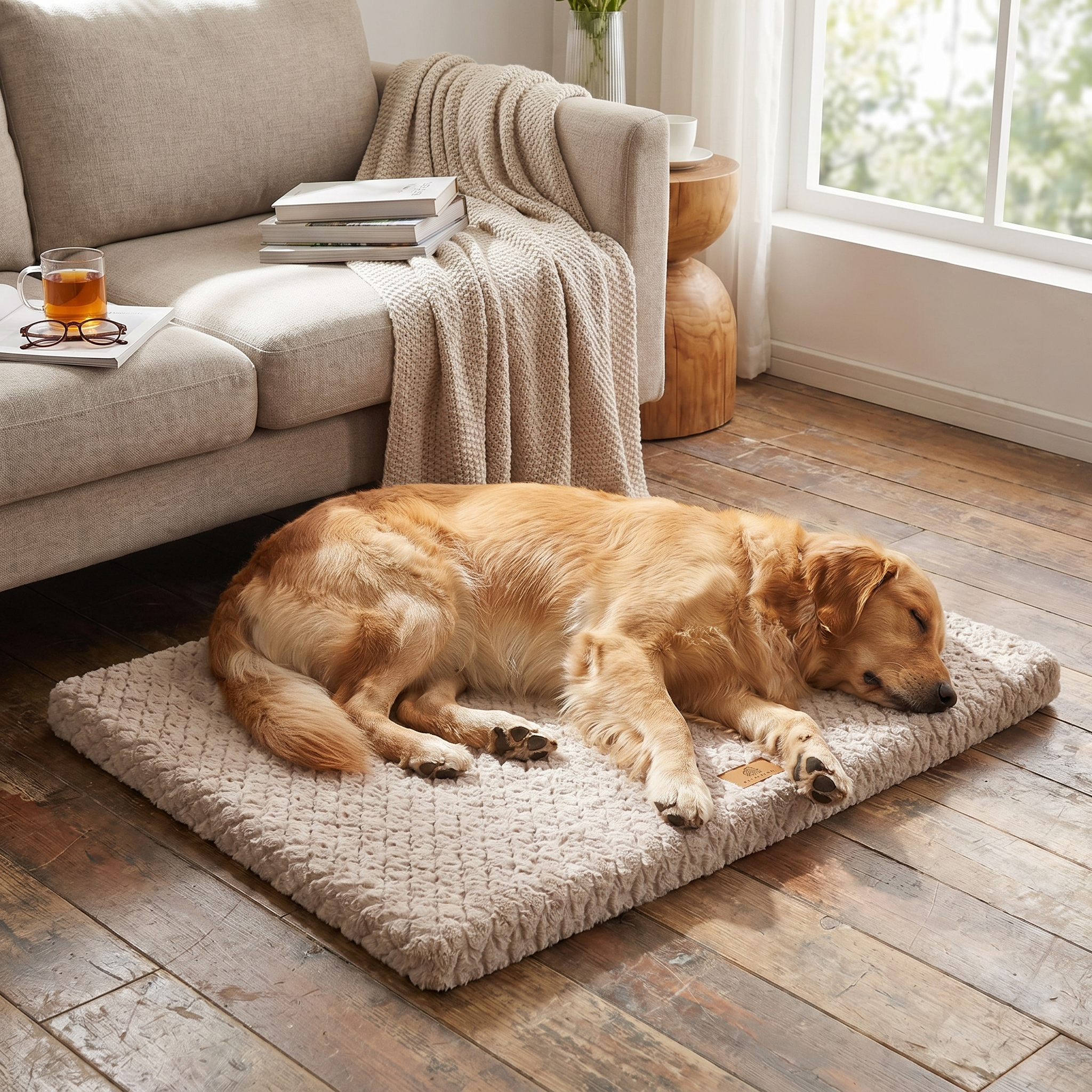 Golden retriever resting on a tan plush memory foam dog bed in a living room