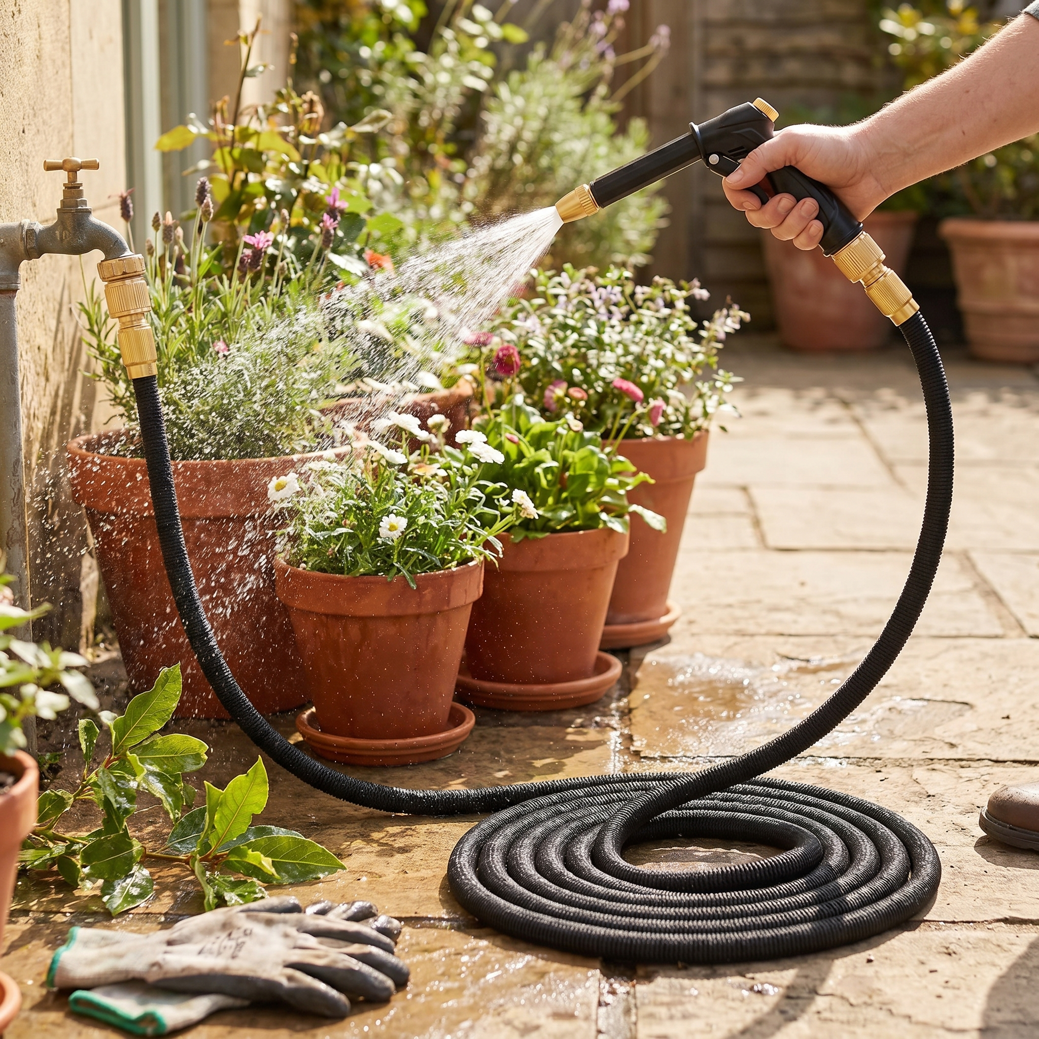 Coiled black expandable garden hose with spray nozzle watering potted patio plants