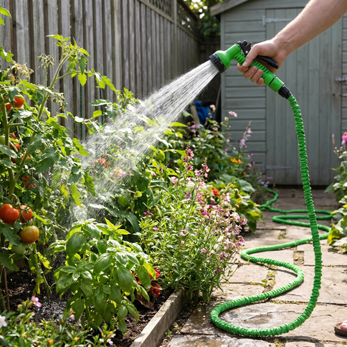 Hand watering a garden bed with a green expandable hose and spray gun nozzle