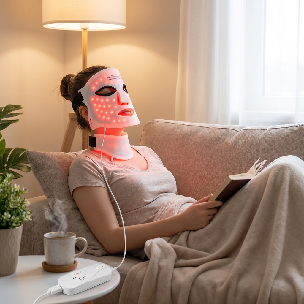 Woman relaxing on a couch wearing a red LED light face and neck mask