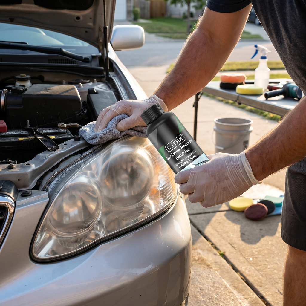 Man applying headlight restoration solution to a car's foggy headlight in a driveway