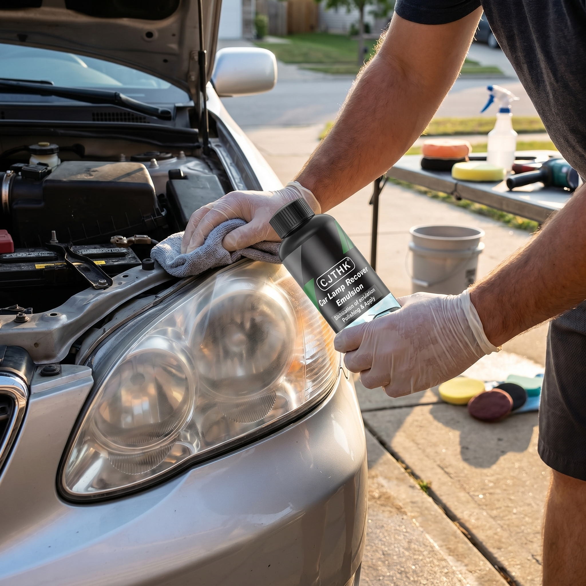 Man applying headlight restoration solution to a car's foggy headlight in a driveway