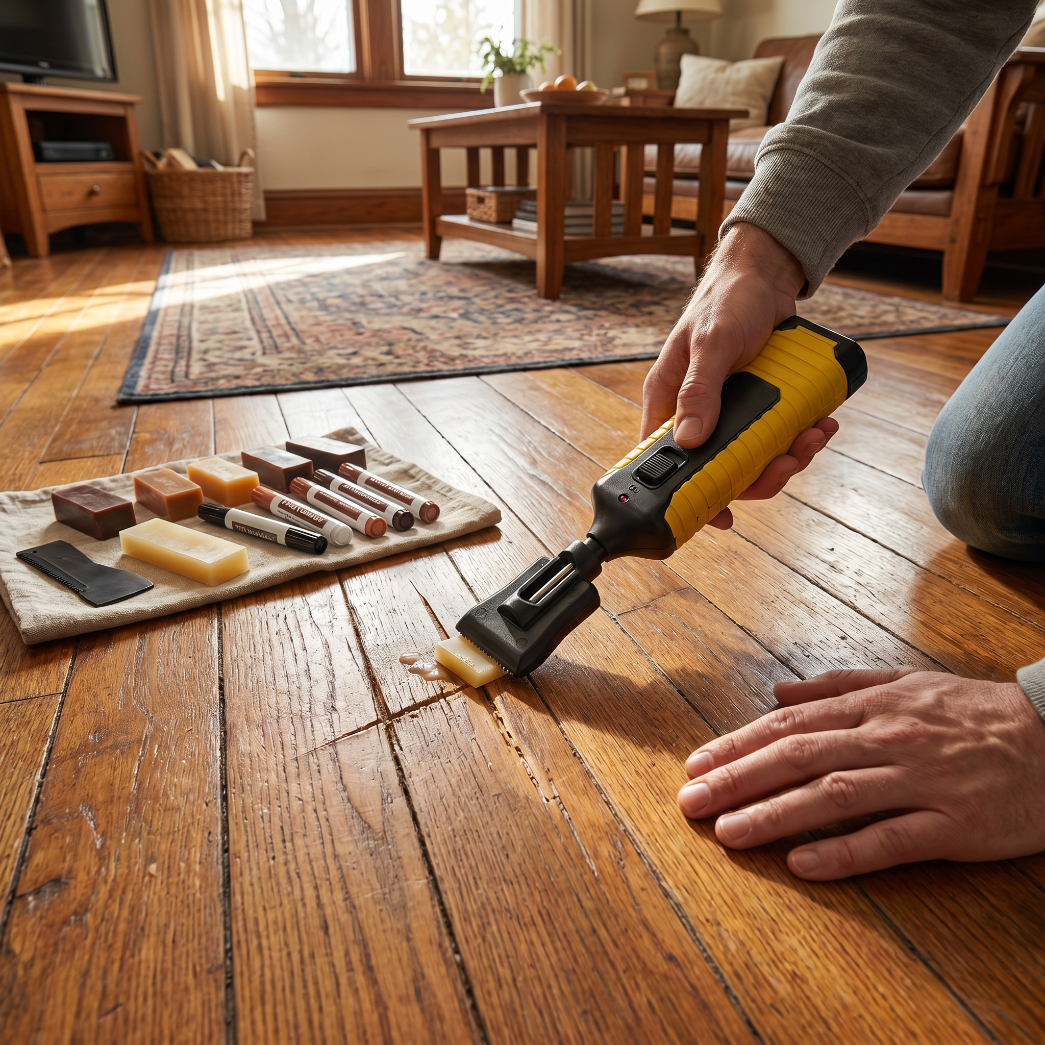 Wood floor and laminate repair kit in use
