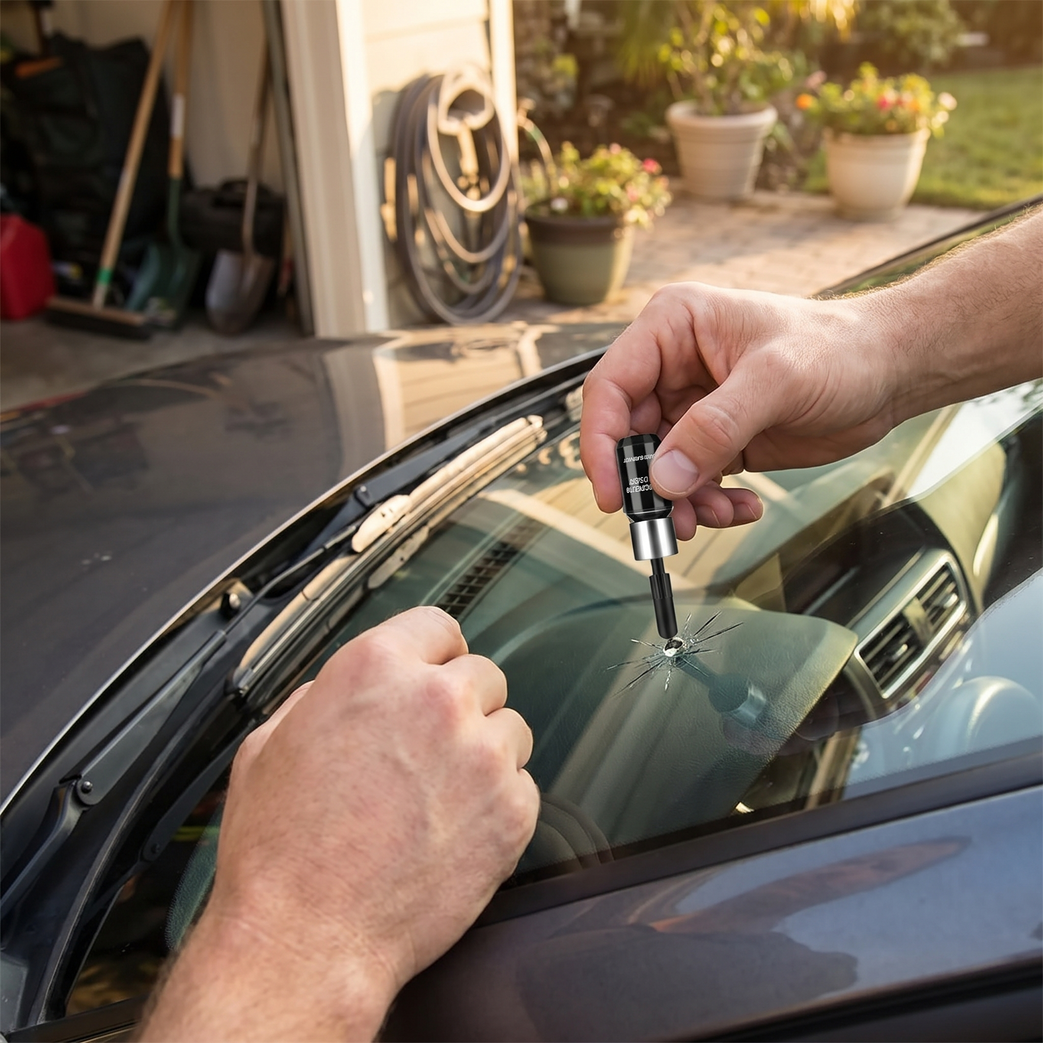 Hands using a resin repair tool to fix a chip in a car windshield in a driveway