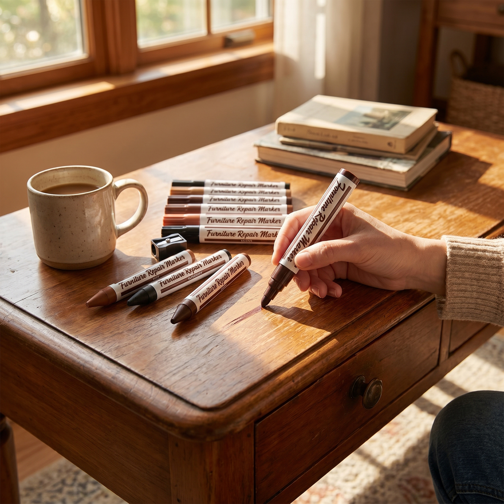 Brown wood scratch repair markers on a table, a hand touching up a scratch