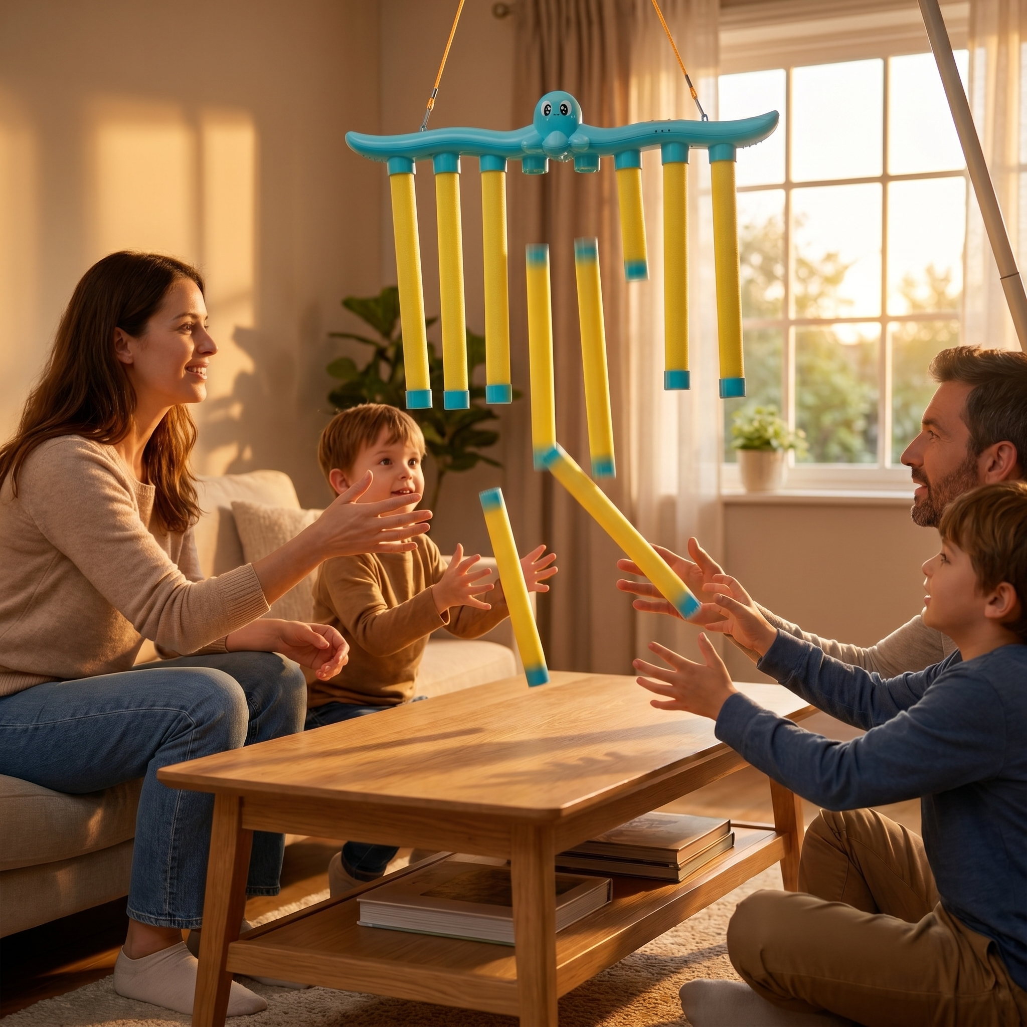 Family playing the falling sticks reaction game