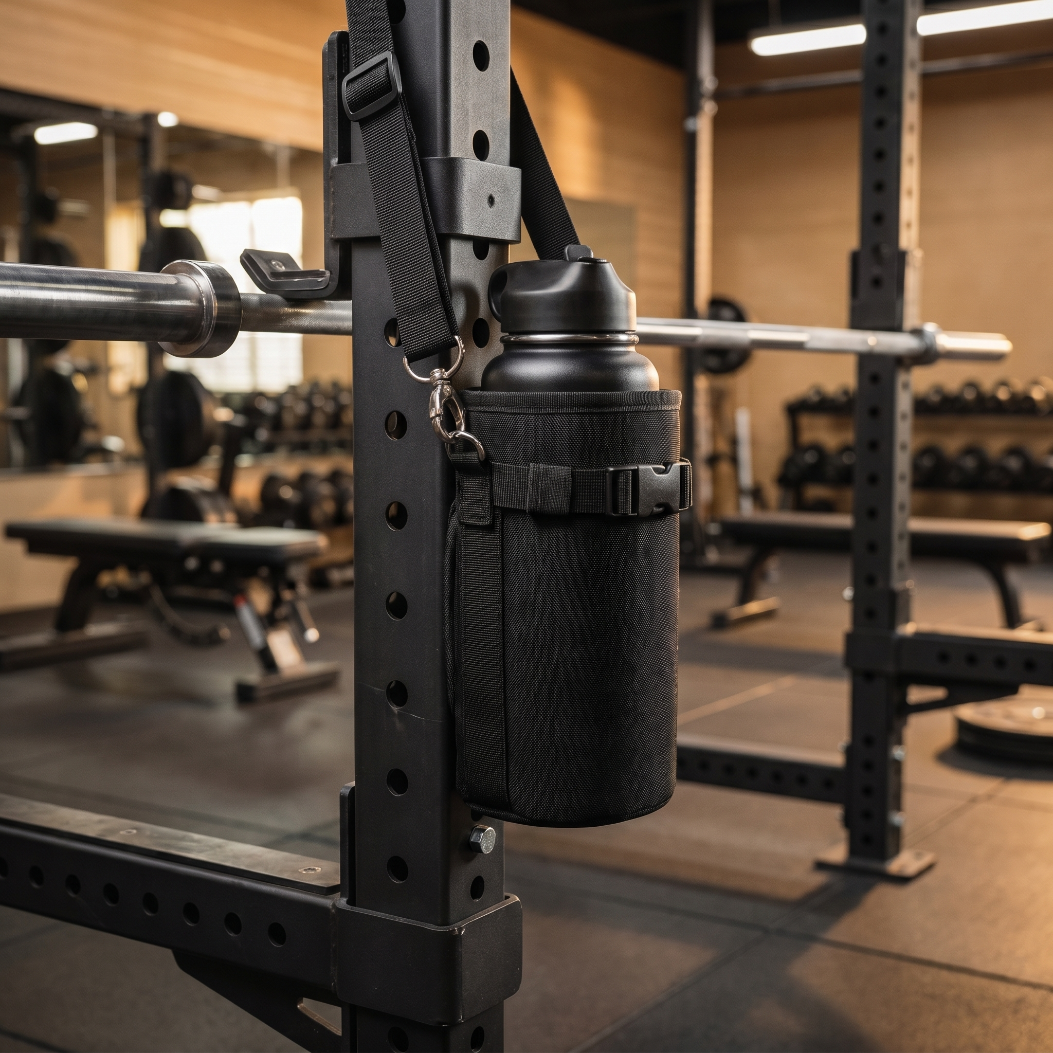 Magnetic water bottle holder attached to a squat rack