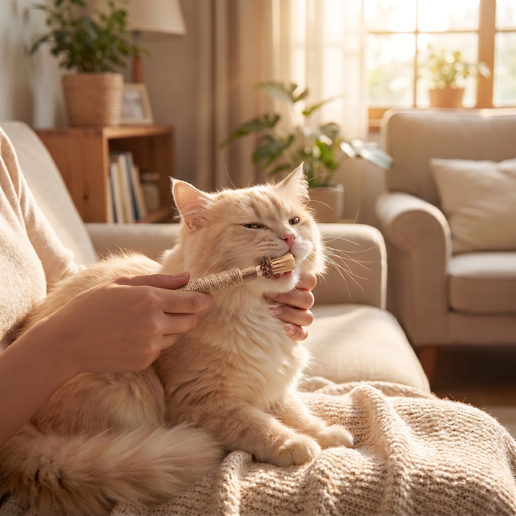 Cat enjoying a dental care stick on the couch